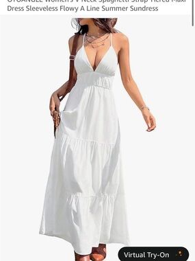 Amazon White V-Neck Spaghetti Strap Tiered Maxi Dress